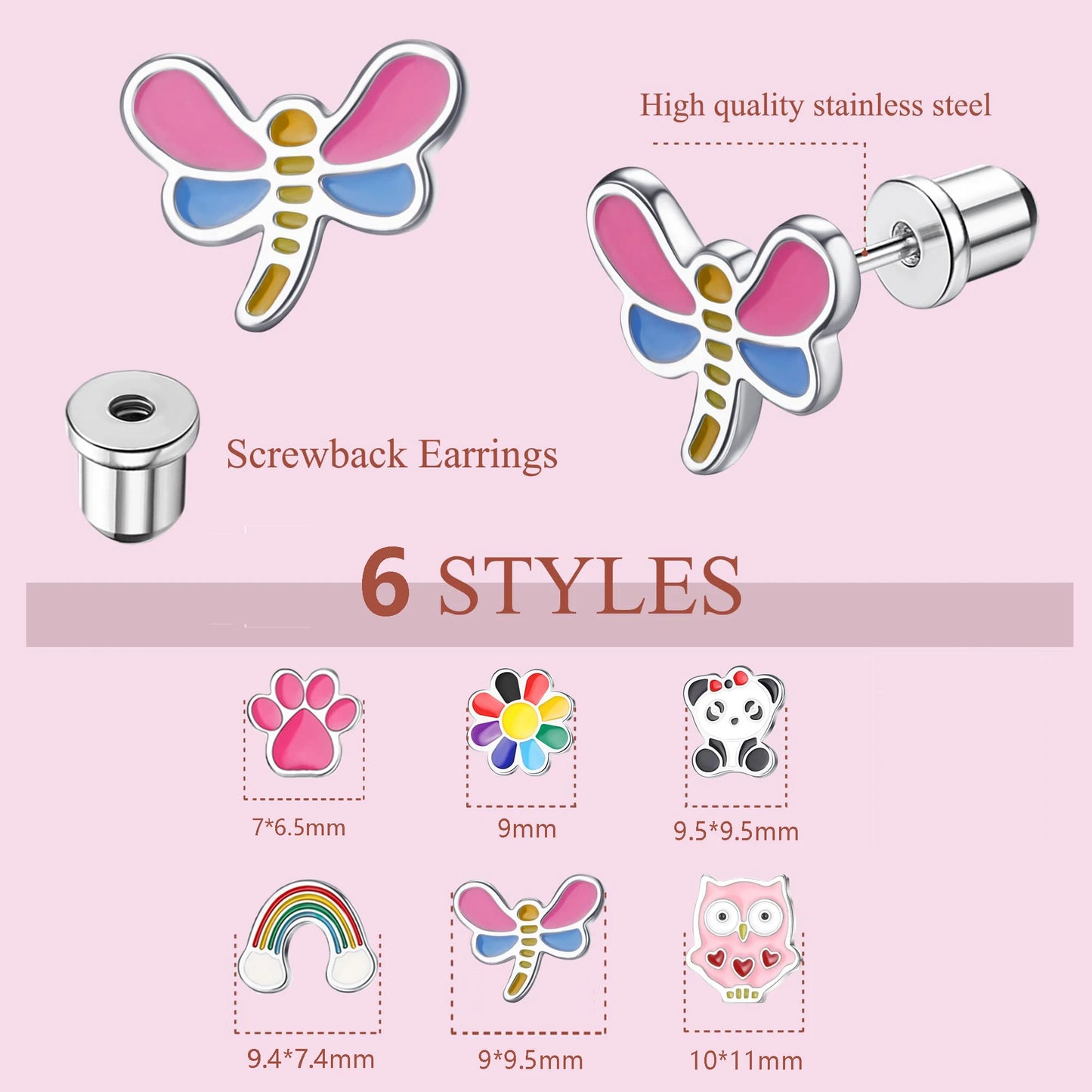 Charming Animal and Flower Stud Earrings Set for Girls with Secure Screw-Backs