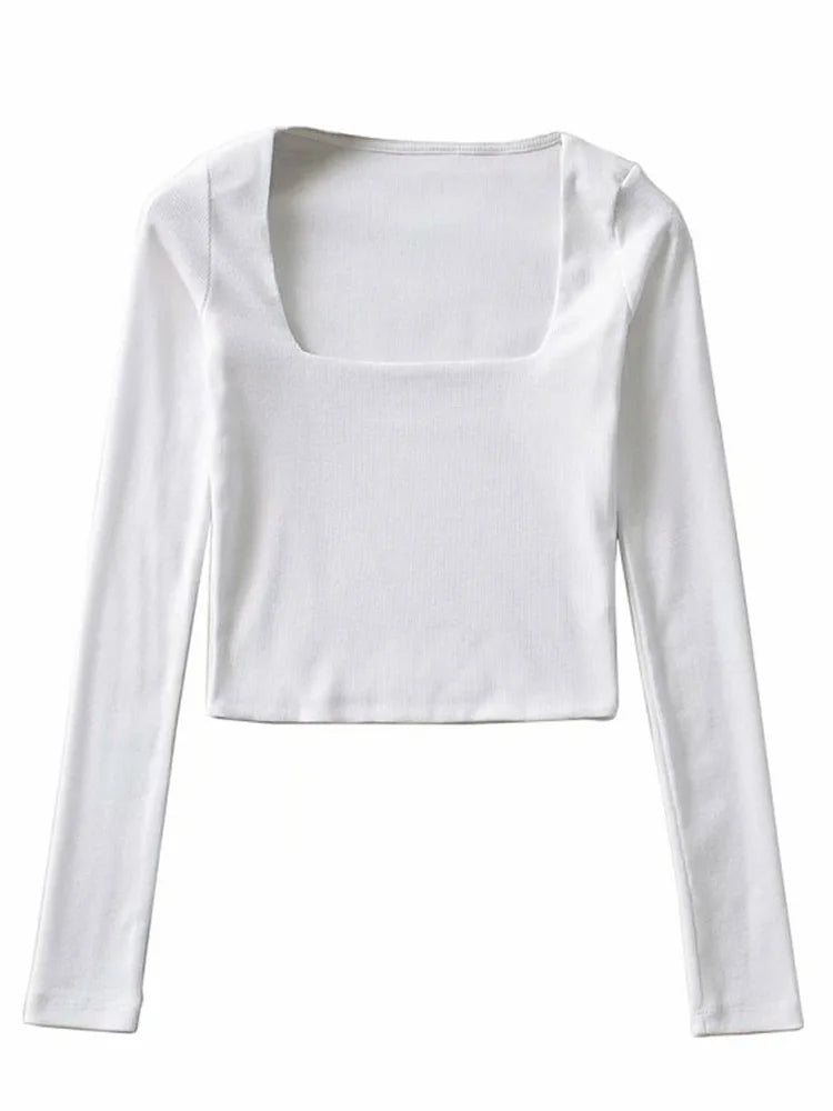 Women Cotton Ribbed Square Neck Crop Top With Long Sleeve