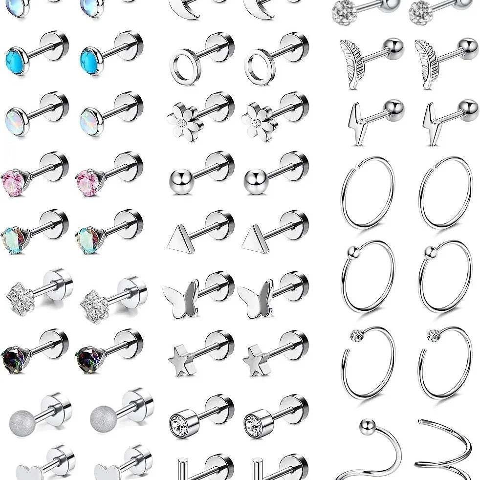 Trendy Pink Flower Heart Screw Stud Earrings Set for Women Fashion Jewelry