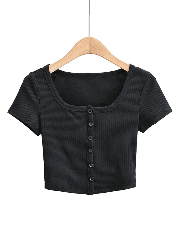 Women Ribbed Button Through Short Sleeve Slim Jersey Top