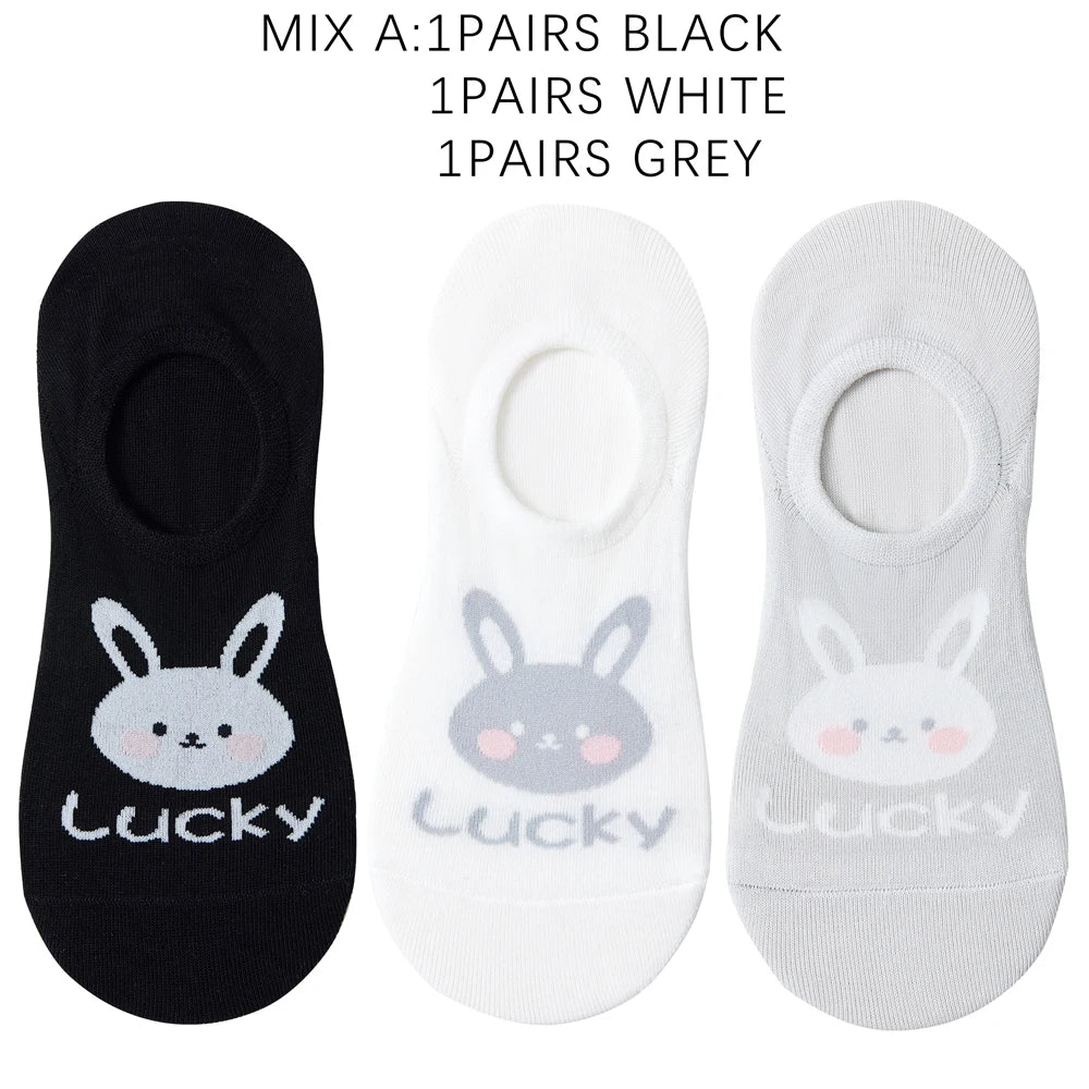 Kawaii Rabbit No Show Socks For Women 3 Pairs Cotton