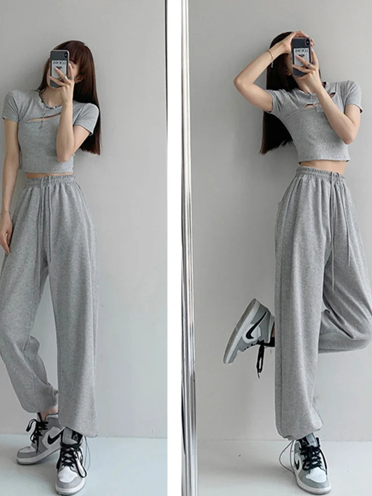 Korean White Blue High Waist Loose Drawstring Harem Pants