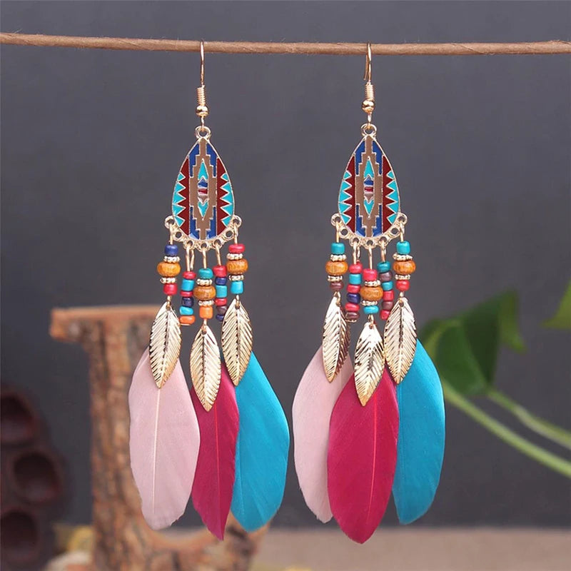 Bohemian Long Feather Drop Earrings with Tassel Beads and Enamel Flowers for Women