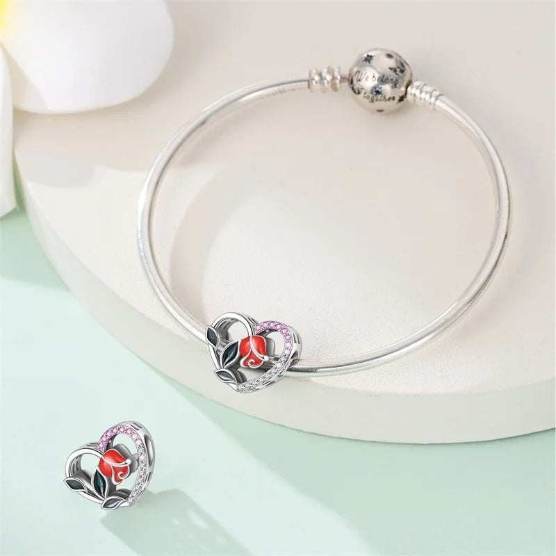 Genuine 925 Sterling Silver Heart Charm Bead for Mother's Day Bracelet Gift