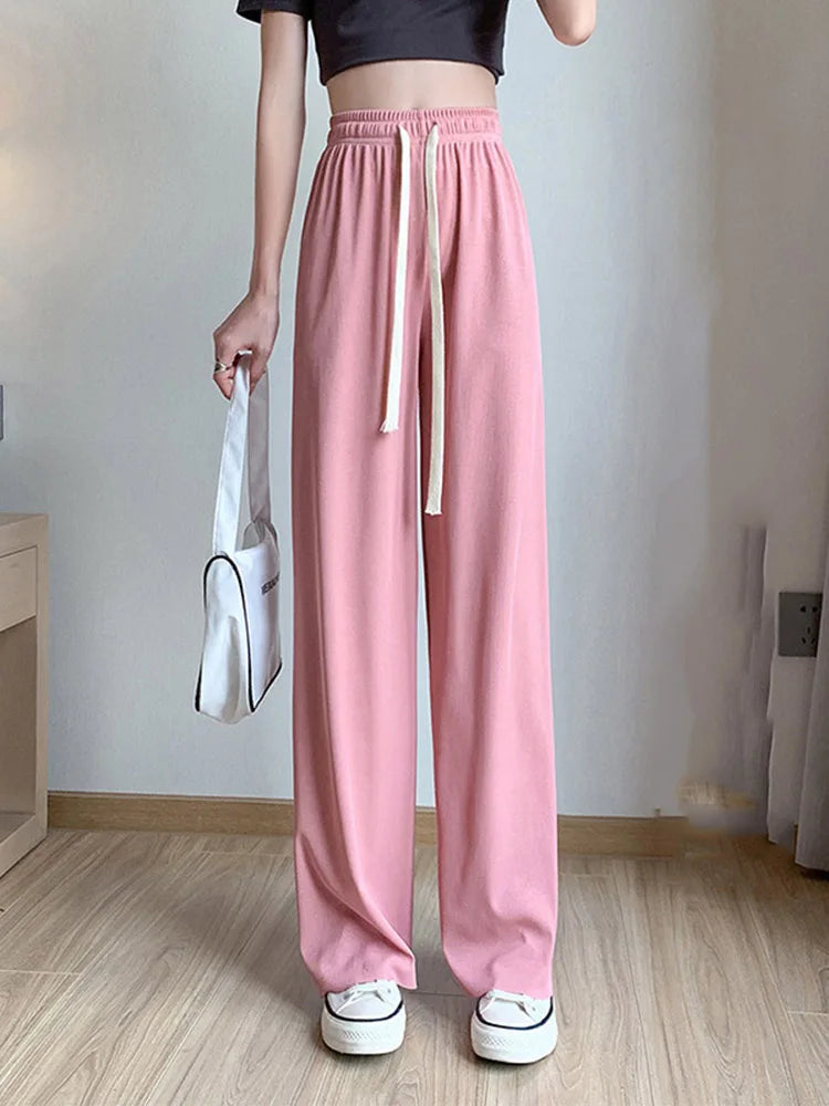Summer Lace Up Wide Leg High Waist Pants for Women Ice Silk