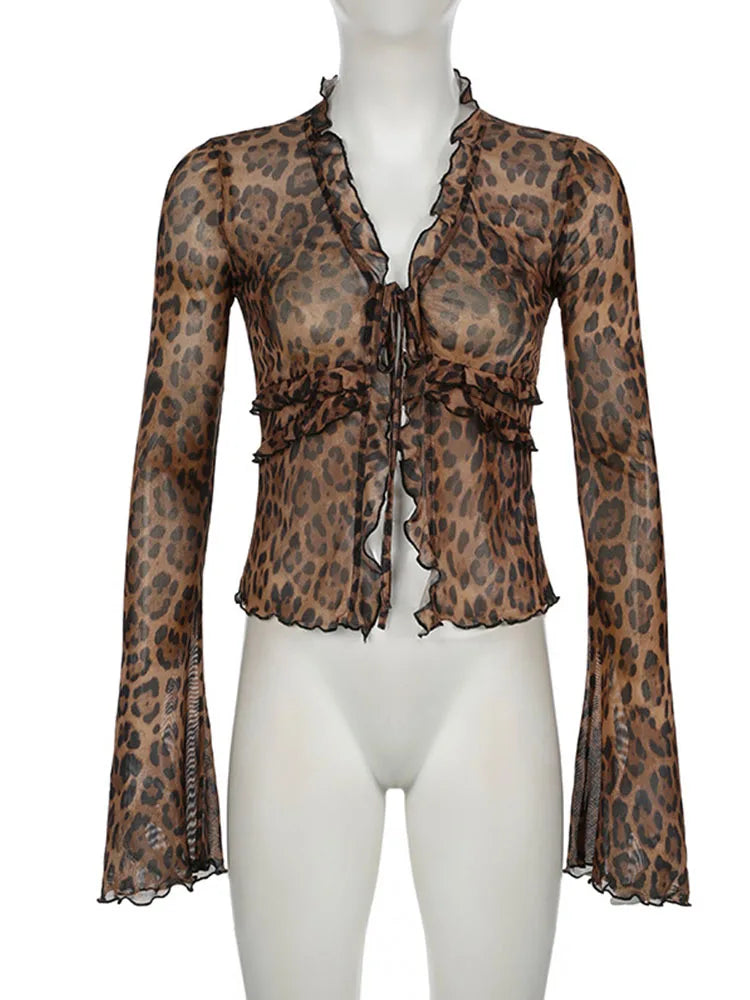 Leopard Print Lace Up Blouse Women Semi Sheer Mesh Ruffled