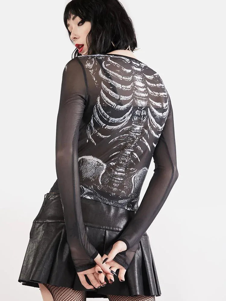 Gothic Punk Y2K Women Skeleton Crop Top Black Long Sleeve