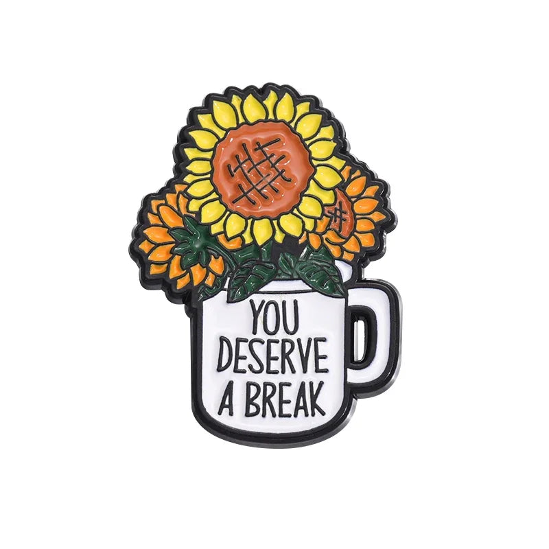Whimsical Break Enamel Pin Set with Floral Bicycle and Watering Can Designs for Backpacks and Parties