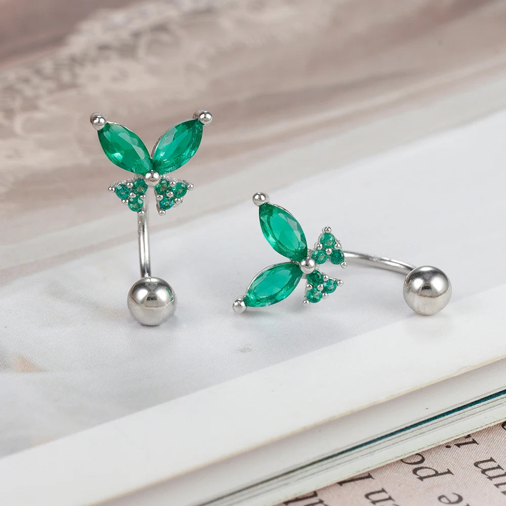 Stainless Steel Green Crystal Butterfly Earring Minimalist U-Shape Helix Studs for Tragus and Cartilage Piercing