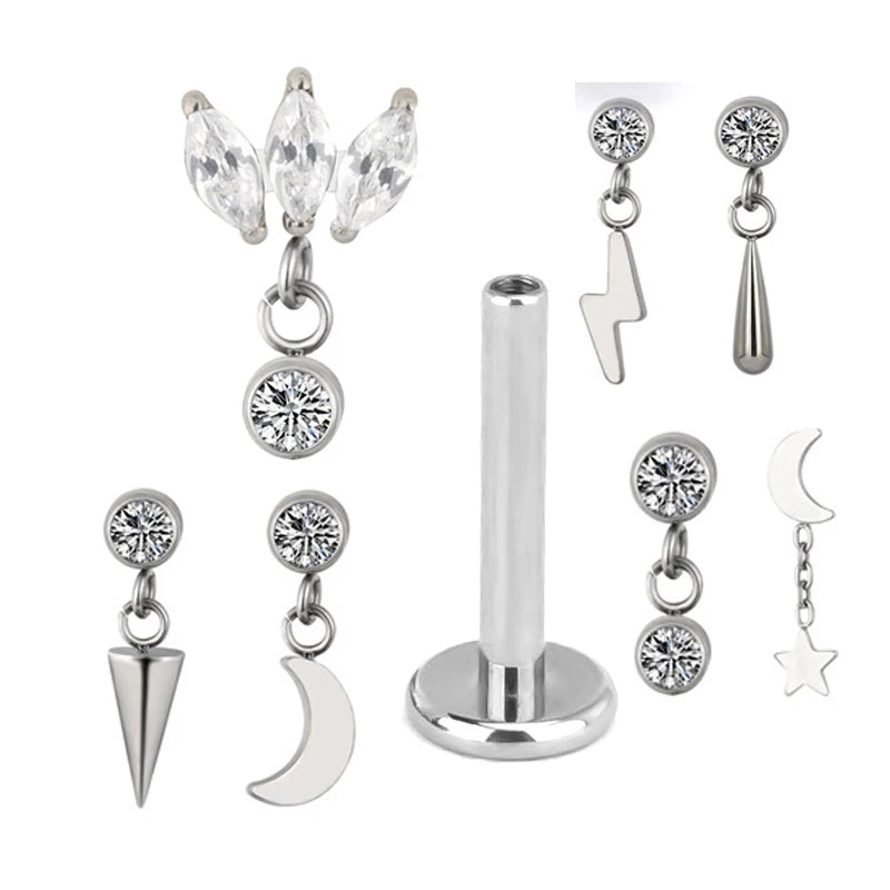 ASTM F136 Titanium Ear Piercing Pendant Chain Dangle Ear Studs with CZ Top Labret Lip Stud and Cartilage Earring Body Jewelry