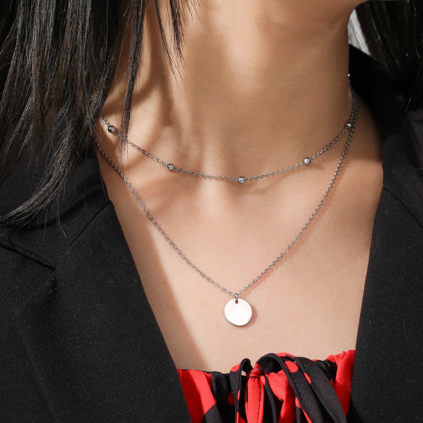 Skyrim Korean Fashion Round Pendant Beads Choker Necklace for Women Double Layer Minimalist Streetwear Jewelry