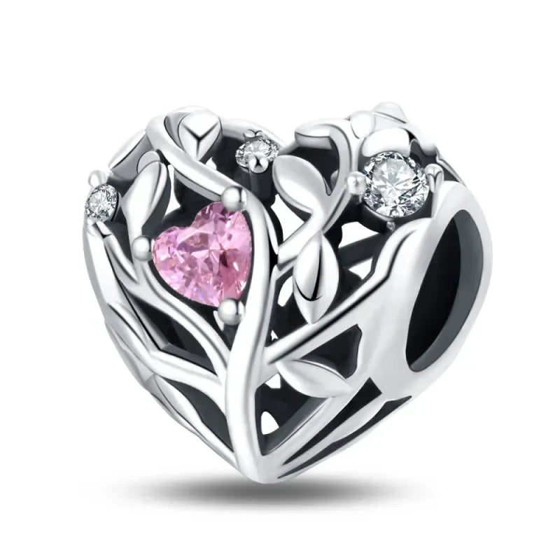 Sterling Silver Pink Blossom Dangle Charm with Butterfly Heart Flower Rose and Bird Bead for DIY Necklace and Bracelet Jewelry