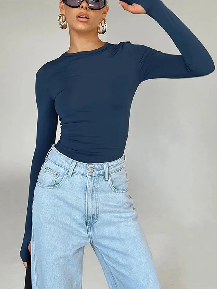 Dozw Women Long Sleeve Crew Neck Crop Top With Thumb Holes