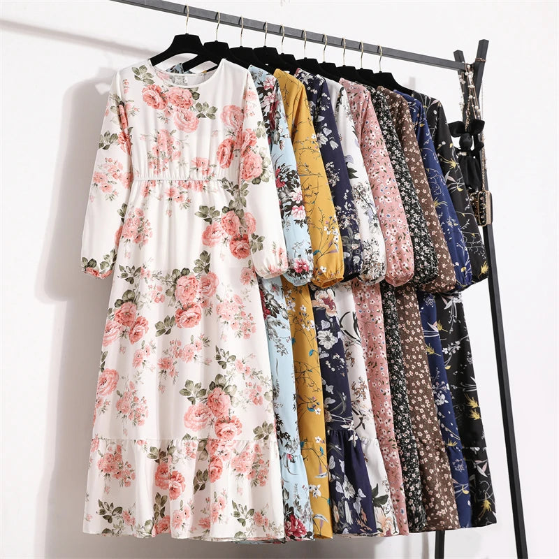 Spring Summer Women Maxi Dresses Casual Full Sleeve Floral