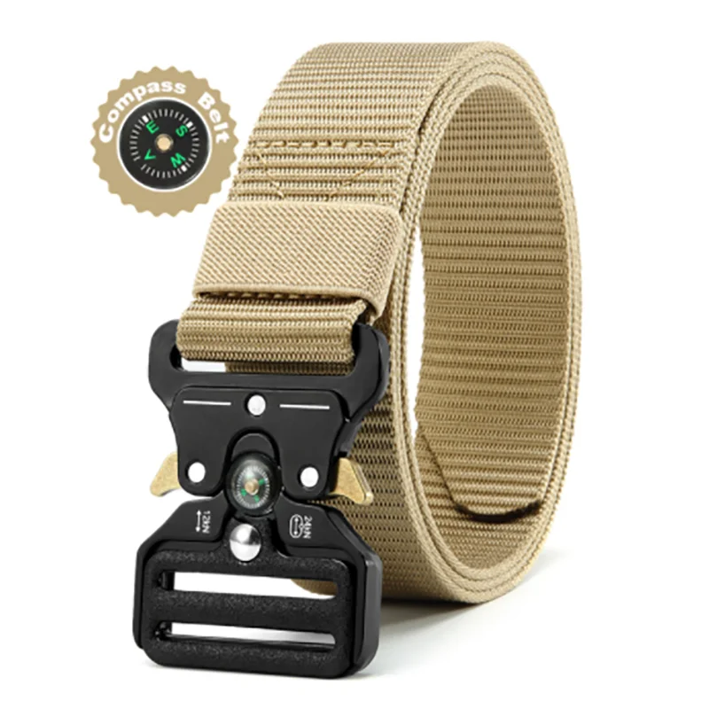 Men's Belt Outdoor Multi Function Compass High Quality Canvas khaki 125cm