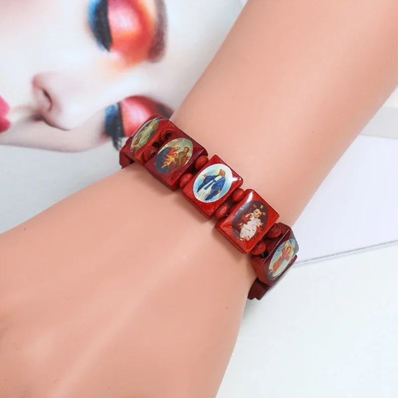 Colorful Wooden Rosary Bracelet with Elastic Beaded Design for Religious Devotion