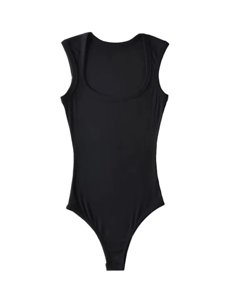 Ladies Slim Square Collar Retro Bodysuit Jumpsuit Backless