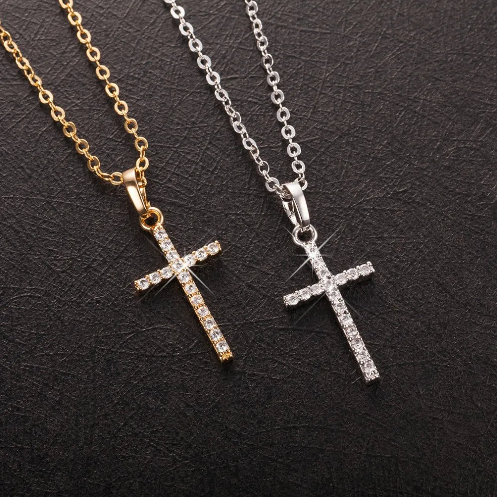 Cross Pendant Adjustable Necklace for Women with Rhinestone Inlay