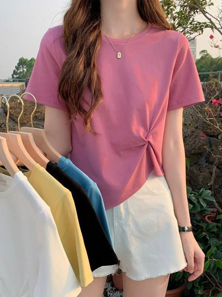 Y2K Irregular Slim O Neck Tee Women Summer Skinny Solid