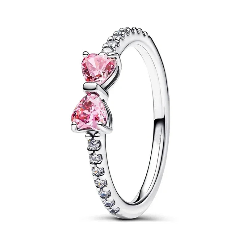 Original 925 Sterling Silver Heart Crown Bow Moon Shell Colorful Crystal Ring for Women Elegant Valentine Birthday Jewelry Gift AMC013003