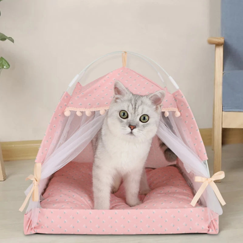 Sweet Princess Cat Bed Foldable Tent Cute Cat House Cushion