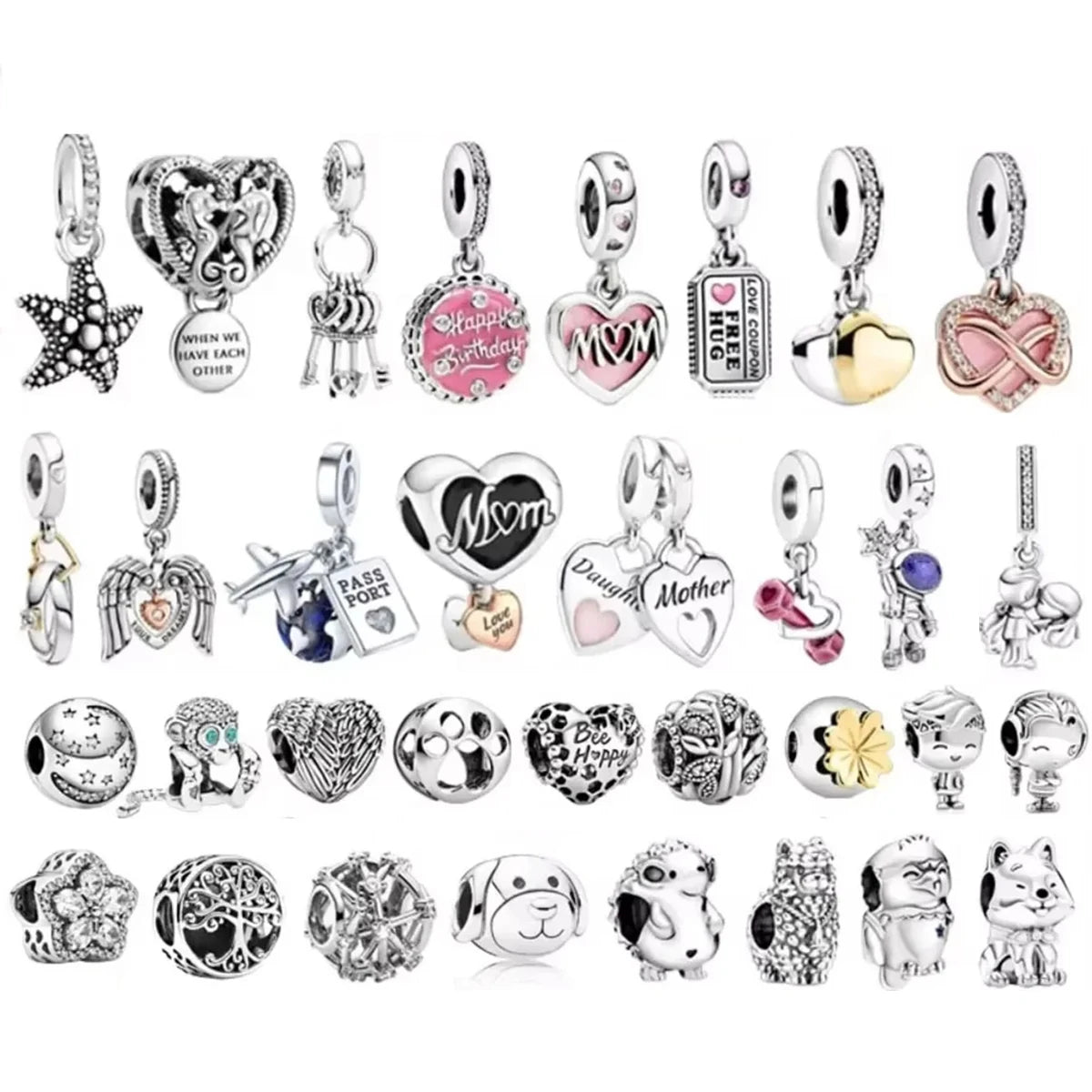 925 Sterling Silver Heart Family Tree Snowflake Animal Charms Beads for DIY Bracelet Women Jewelry Gift