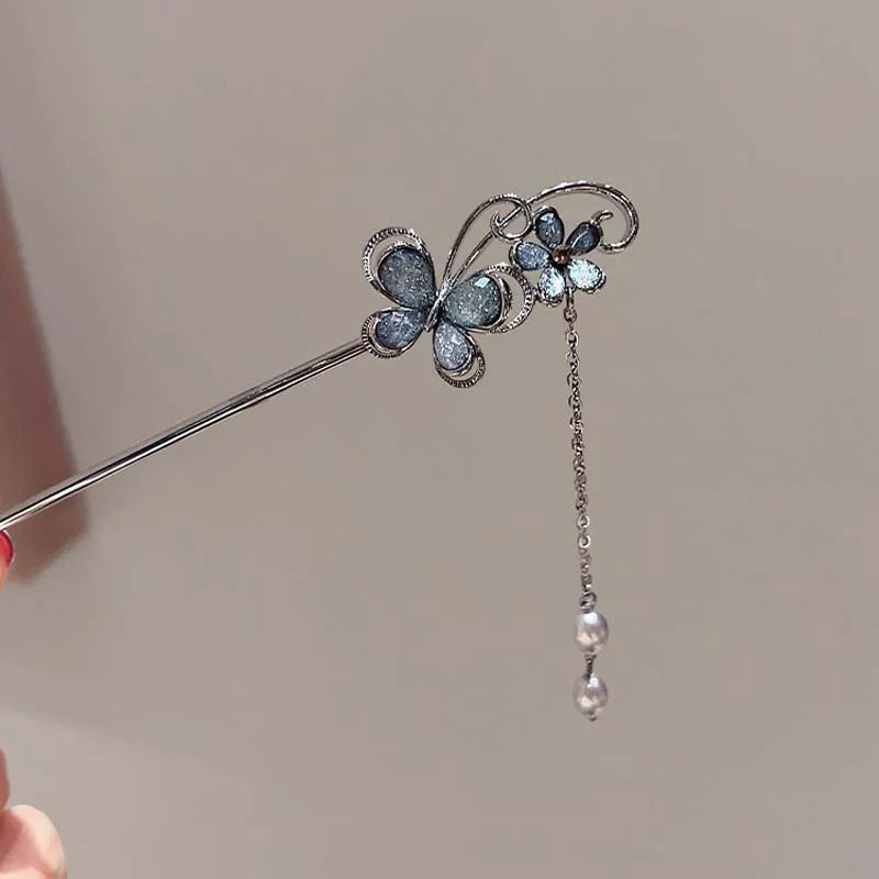 Vintage Chinese Ink Flower Tassel Hairpin With Black Beads Fringe For Women