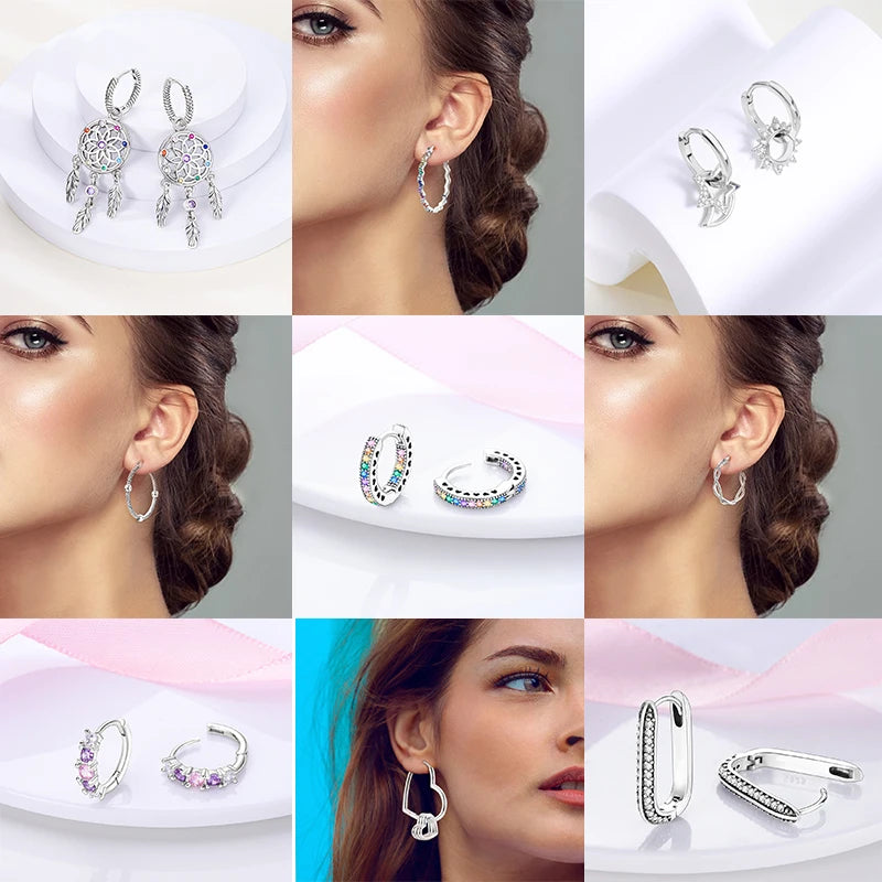 925 Silver Geometric Hoop Earrings for Women with Zircon Moon and Heart Design Fashion Jewelry Gift