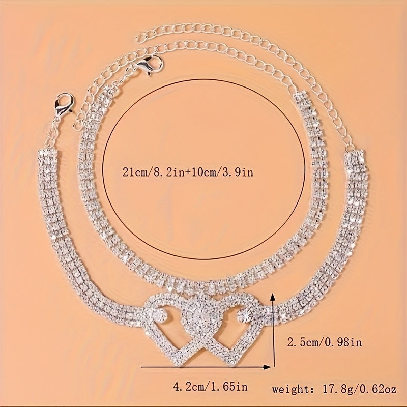 Trendy Double Heart Rhinestone Anklets Set for Elegant Party and Wedding Wear