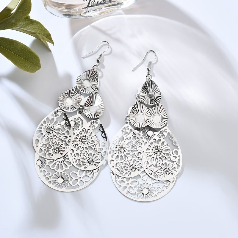 Elegant Vintage Hollow Waterdrop Earrings for Women - Multi-Layer Alloy Jewelry Gift Pair