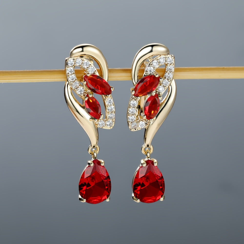 Angol Elegant Flower Dangle Earrings for Women with Golden-Tone Floral Design and Red Gemstones