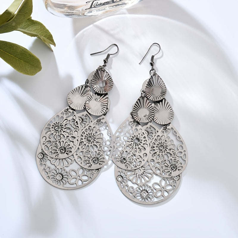 Elegant Vintage Hollow Waterdrop Earrings for Women - Multi-Layer Alloy Jewelry Gift Pair