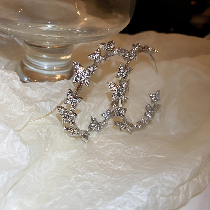 Sterling Silver Butterfly Hoop Earrings for Women - Elegant Statement Jewelry with Rhinestone Detail