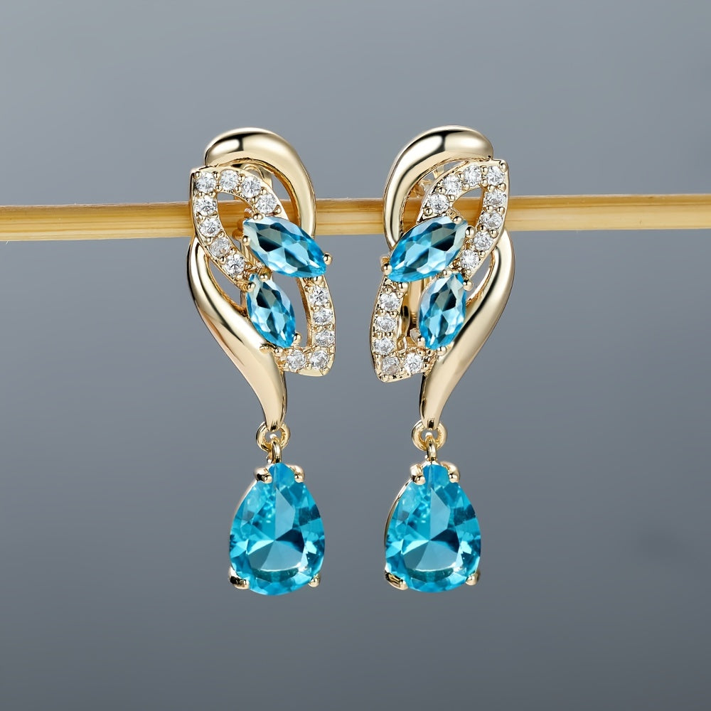 Angol Elegant Flower Dangle Earrings for Women with Golden-Tone Floral Design and Red Gemstones