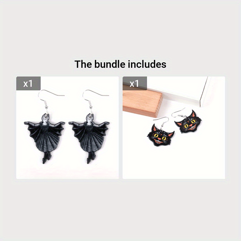 Black Cat Head Acrylic Dangle Earrings Unique Halloween Jewelry for Women