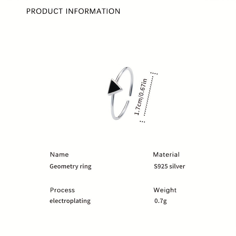 Elegant S925 Sterling Silver Black Triangle Open Ring for Women and Girls