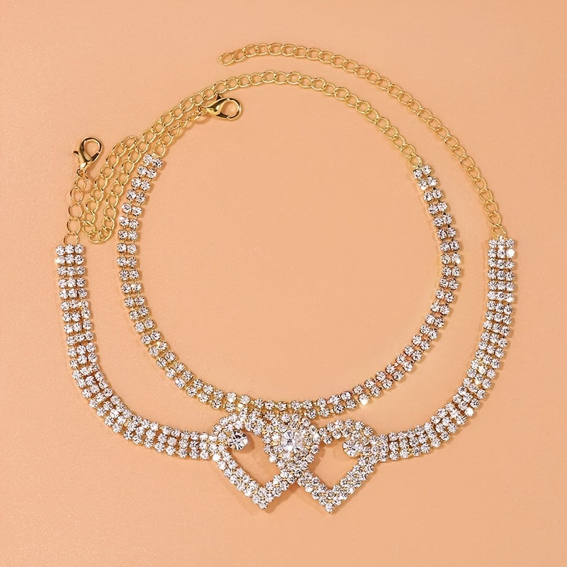 Trendy Double Heart Rhinestone Anklets Set for Elegant Party and Wedding Wear