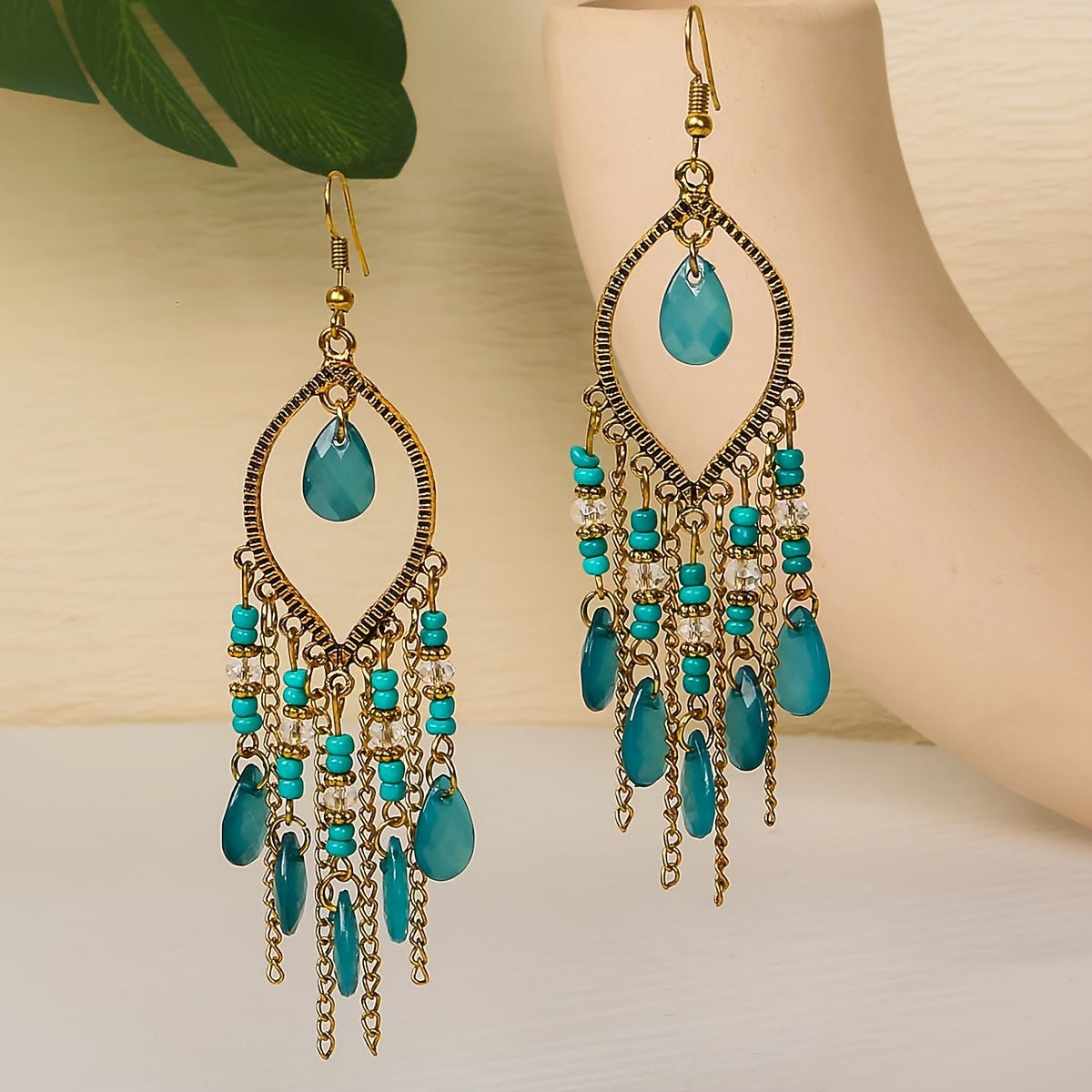Hollow Teardrop Natural Stone Dangle Earrings for Women - Exquisite Boho Alloy Jewelry Gift