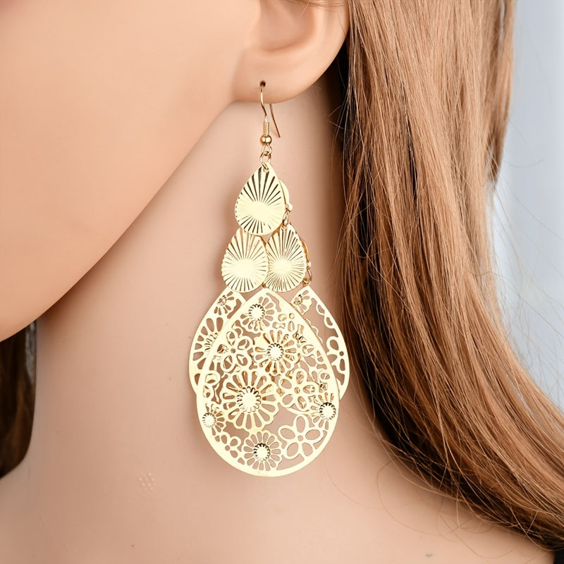 Elegant Vintage Hollow Waterdrop Earrings for Women - Multi-Layer Alloy Jewelry Gift Pair