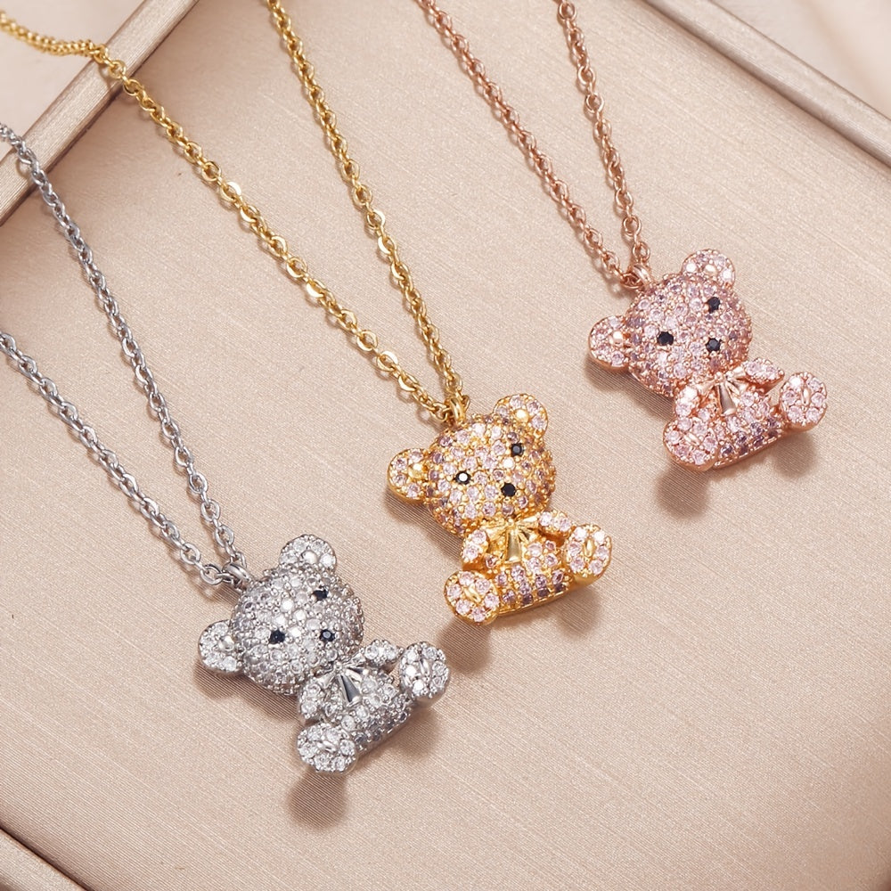 Vibrant Y2K Rhinestone Cartoon Bear Necklace for Women - Sparkling 24K Gold Plated Jewelry with Decorative Chain