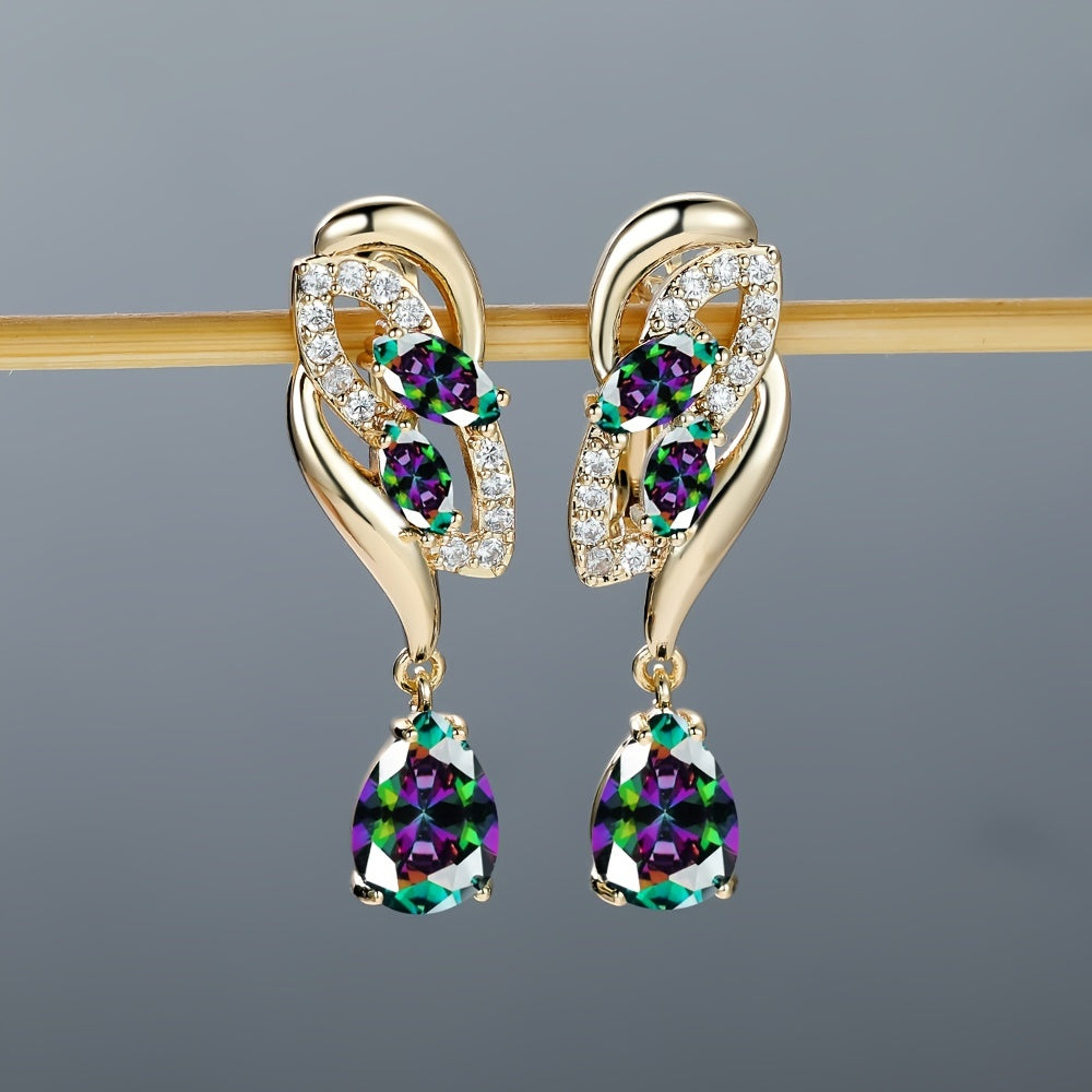 Angol Elegant Flower Dangle Earrings for Women with Golden-Tone Floral Design and Red Gemstones
