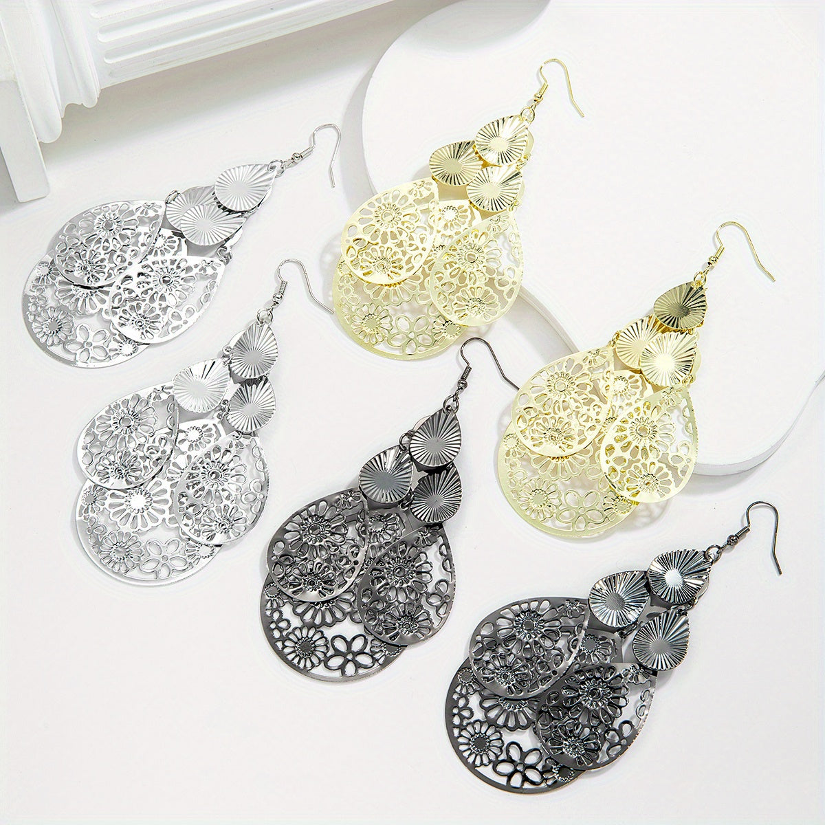 Elegant Vintage Hollow Waterdrop Earrings for Women - Multi-Layer Alloy Jewelry Gift Pair