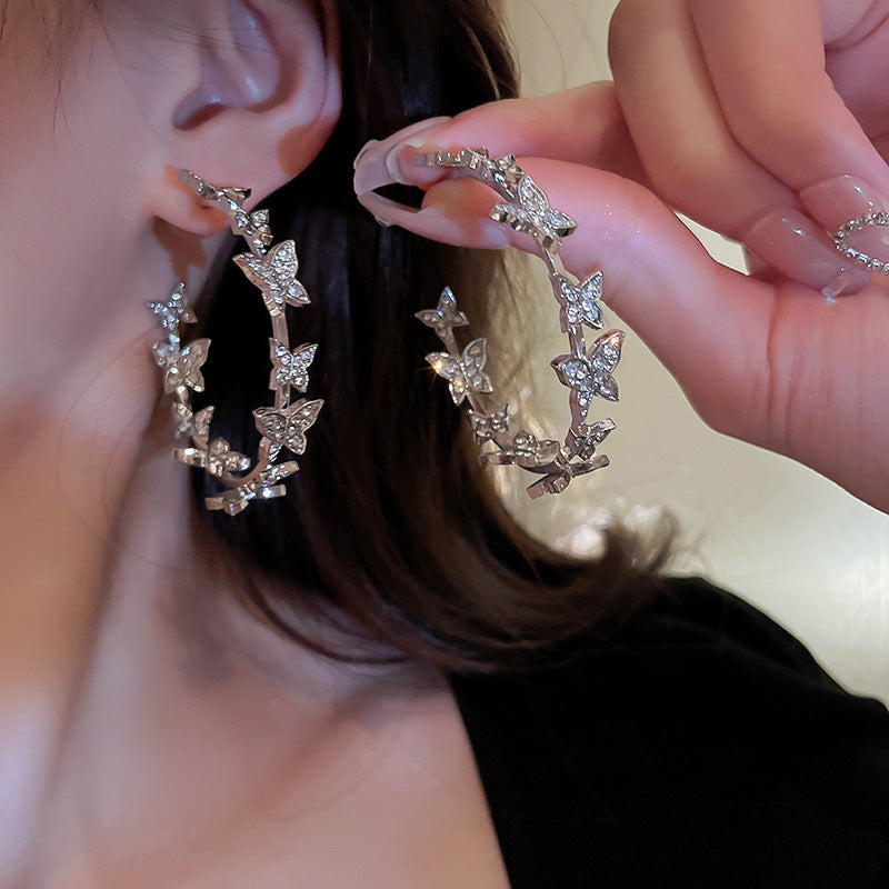 Sterling Silver Butterfly Hoop Earrings for Women - Elegant Statement Jewelry with Rhinestone Detail