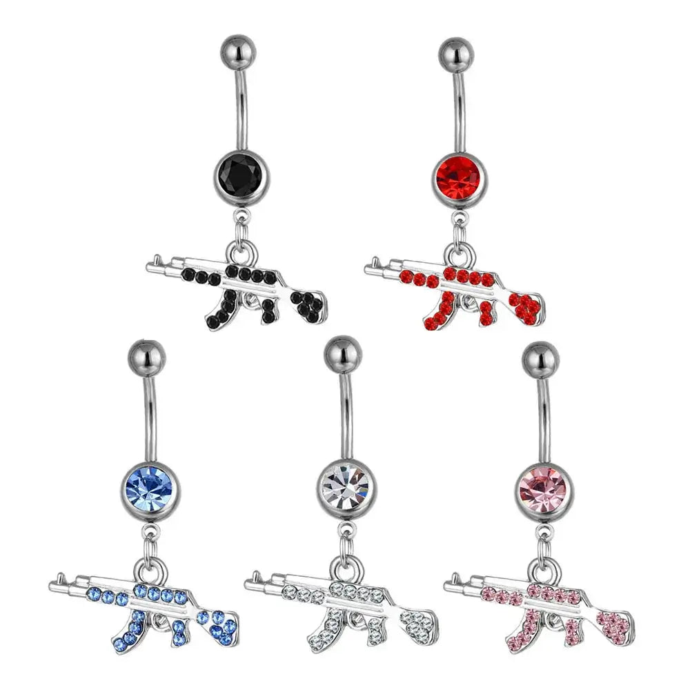 Gun Pendant Navel Rings for Women Silver Rhinestone Jewelry