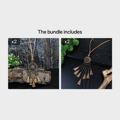 Brown Boho Pendant Necklace with Rhinestone Accents and Khaki Tassel Chain