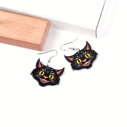 Black Cat Head Acrylic Dangle Earrings Unique Halloween Jewelry for Women