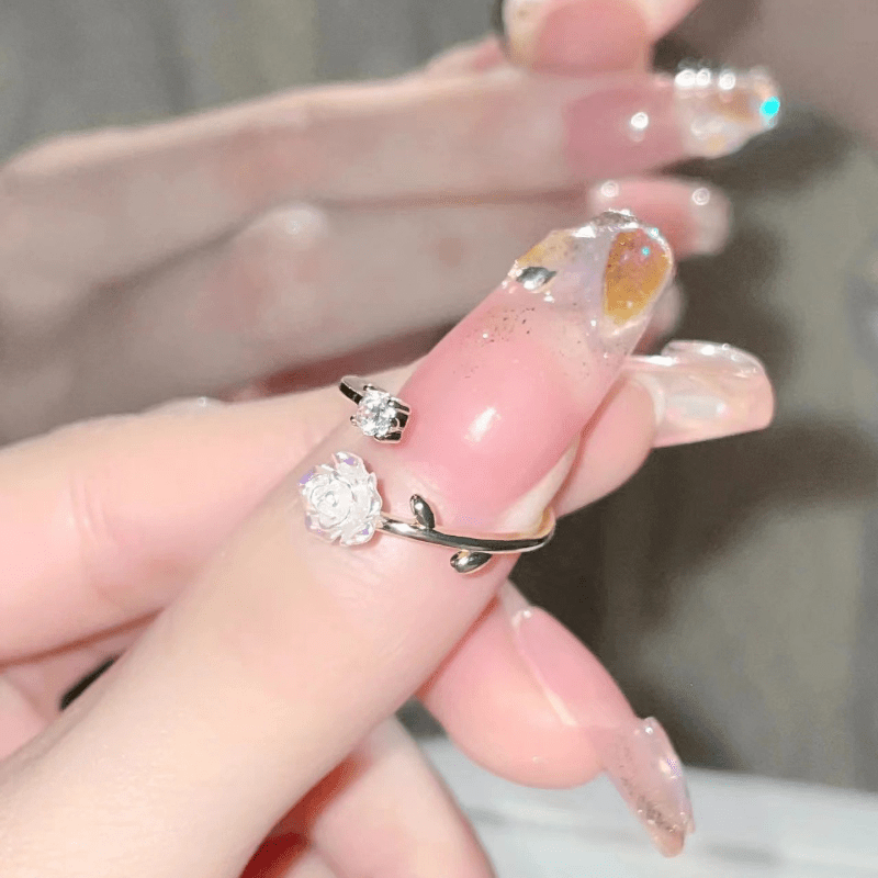Camellia Flower Adjustable Open Ring with Synthetic Gems for Daily Charm