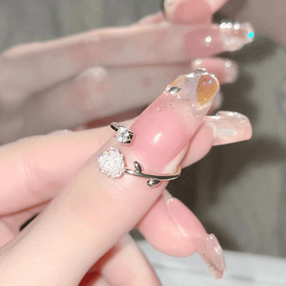 Camellia Flower Adjustable Open Ring with Synthetic Gems for Daily Charm