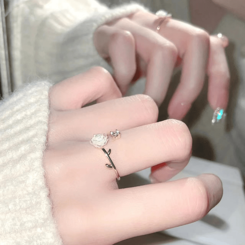 Camellia Flower Adjustable Open Ring with Synthetic Gems for Daily Charm