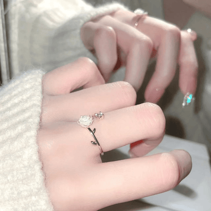Camellia Flower Adjustable Open Ring with Synthetic Gems for Daily Charm